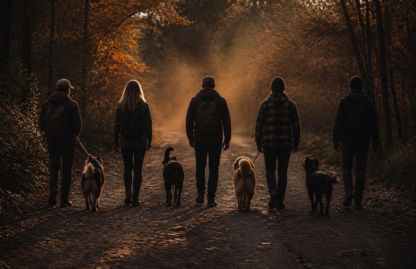Gruppe mit Hunden auf einem Waldweg beim Social Walk